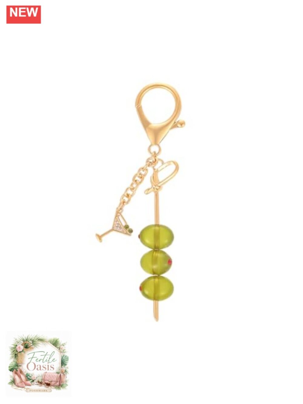 Cute Olive Martini Keychain for Women Bag Charm Handbag Purse Charm Gold Plated